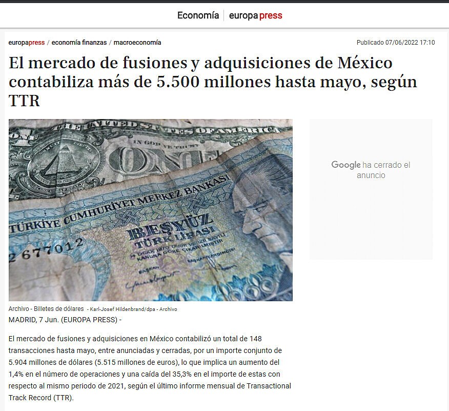 El mercado de fusiones y adquisiciones de Mxico contabiliza ms de 5.500 millones hasta mayo, segn TTR